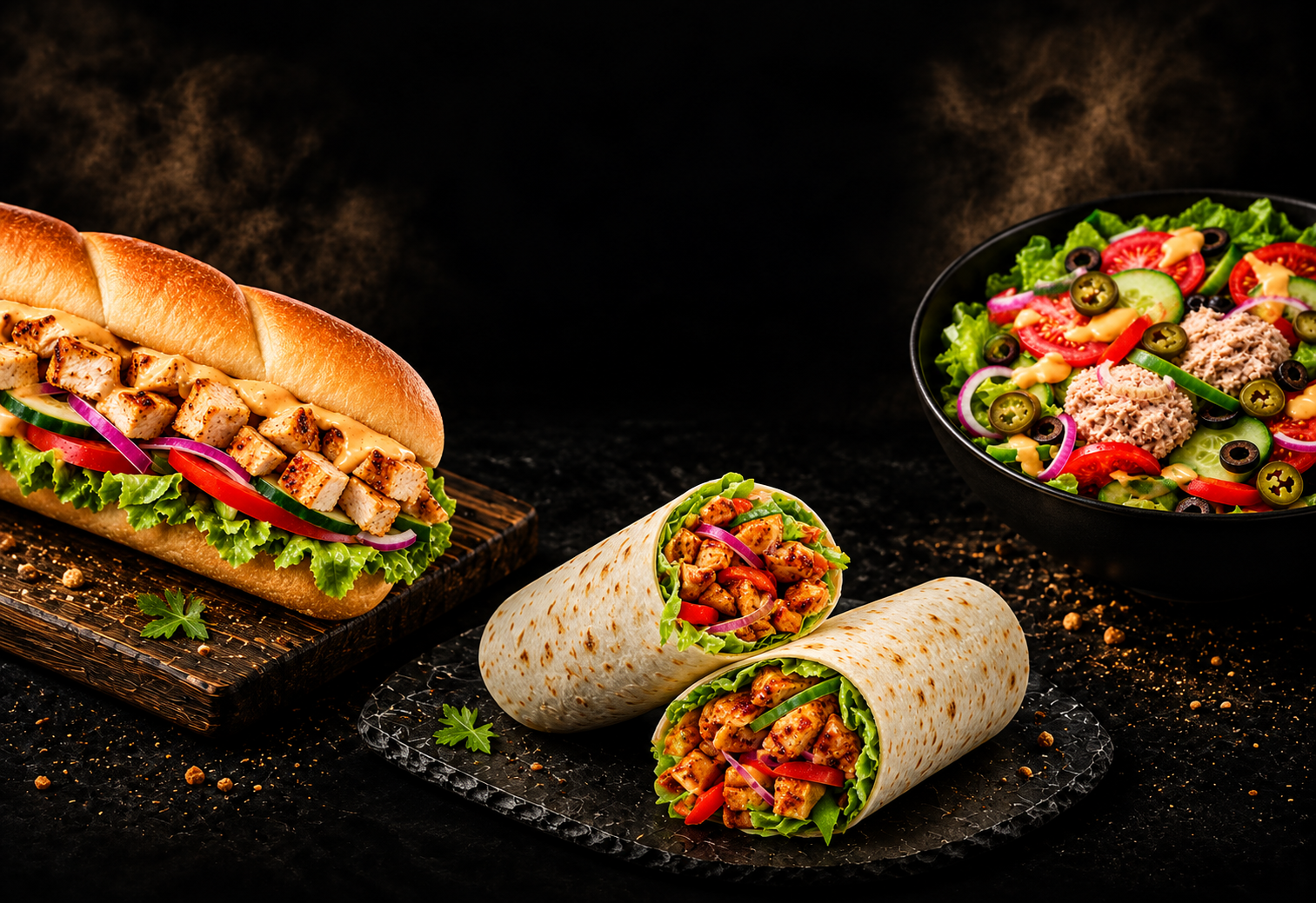 Chicken sub med grönsaker, sallad och två fyllda wraps på ett mörkt bord